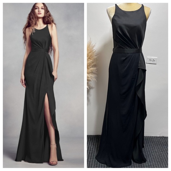 WHITE BY VERA WANG Charmeuse Chiffon Ruffle Dress Size 10 Strappy back in Black - Picture 1 of 13